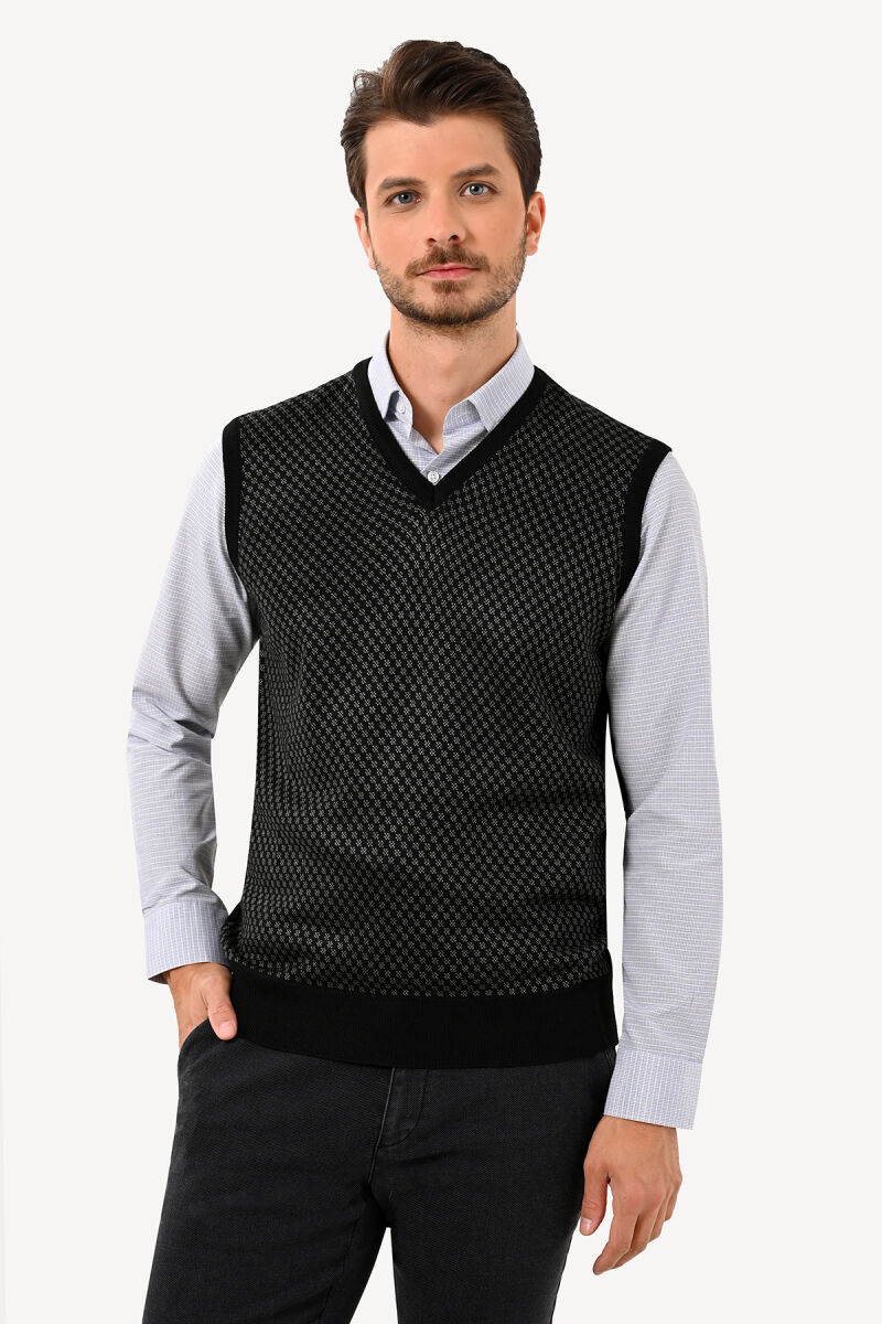 Erkek Siyah Klasik Desenli Süveter - 1