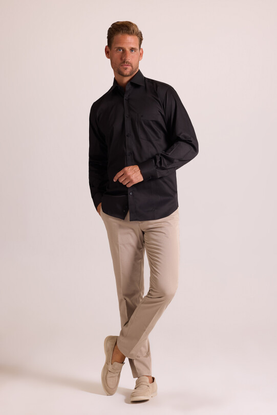 Erkek Siyah Uzun Kol Klasik Saten Gömlek