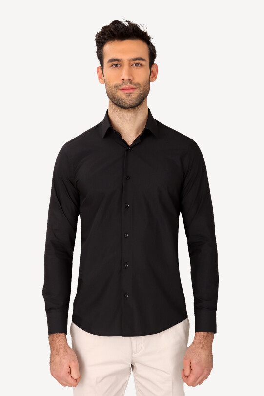 Erkek Siyah Uzun Kol Slim Fit %100 Pamuk Gömlek
