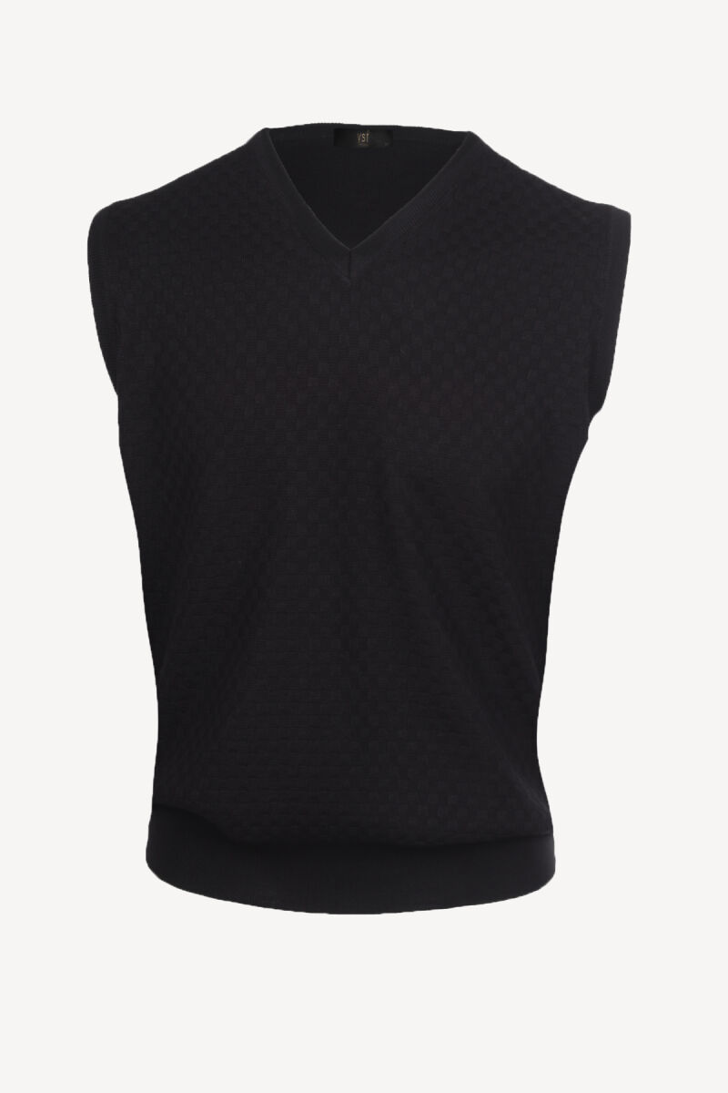 Erkek Siyah V Yaka Desenli Klasik Triko Süveter - 1