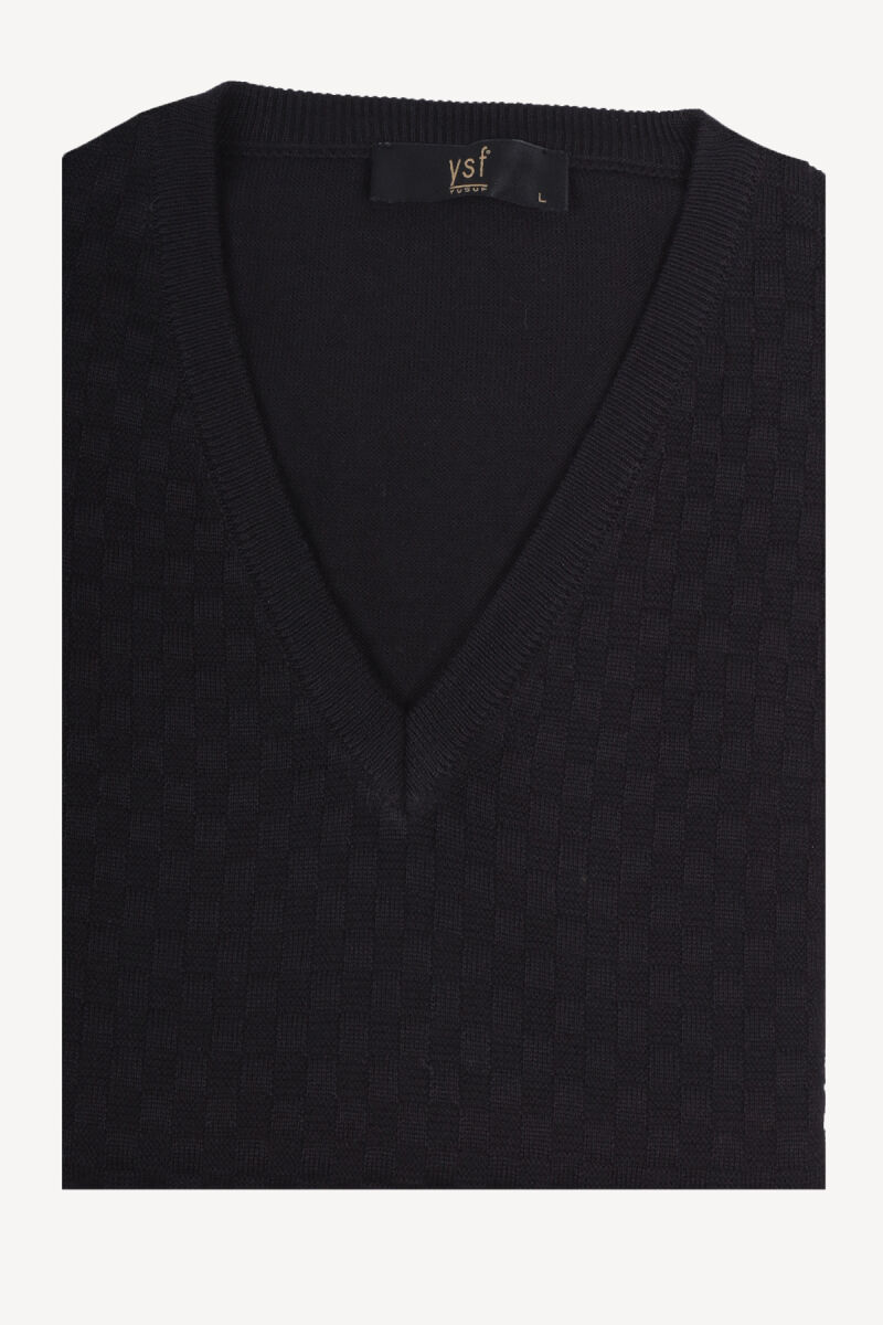 Erkek Siyah V Yaka Desenli Klasik Triko Süveter - 3