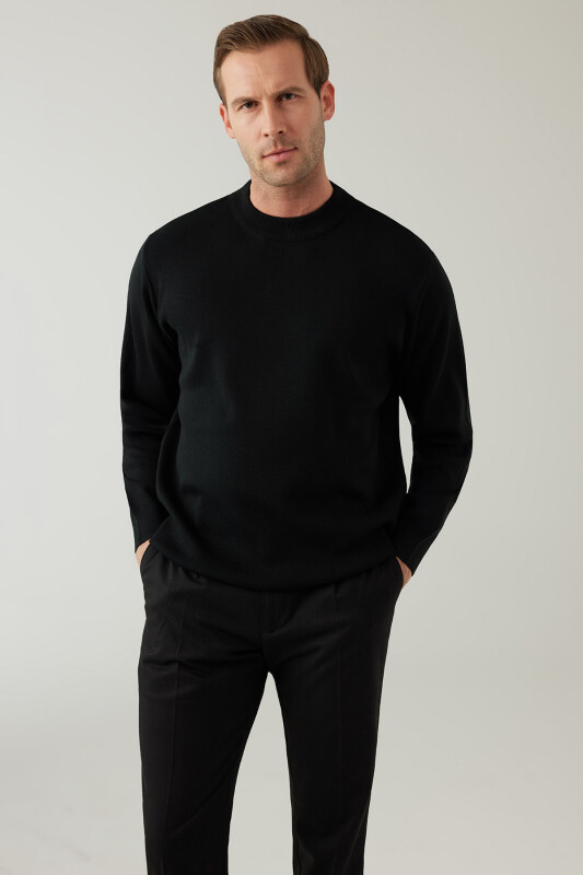 Erkek Siyah Yarım Balıkçı Yaka Yünlü Triko