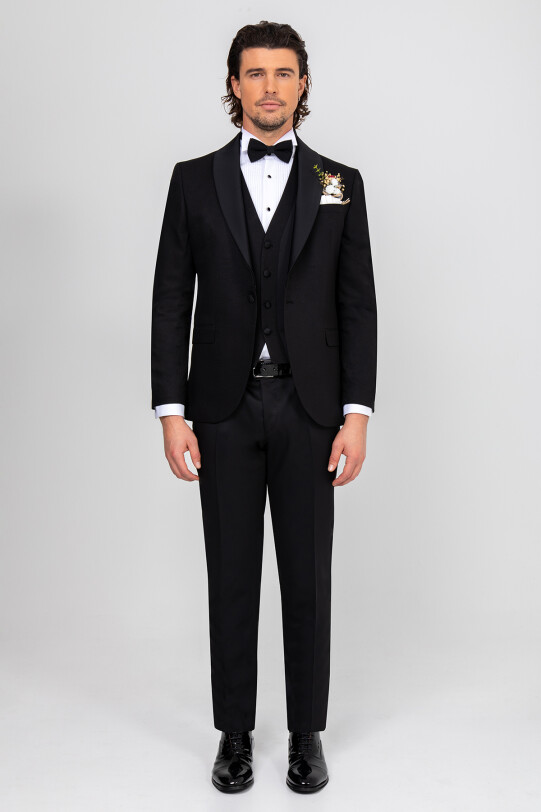 Erkek Siyah Yelekli Çıkma Şal Yaka Damatlık