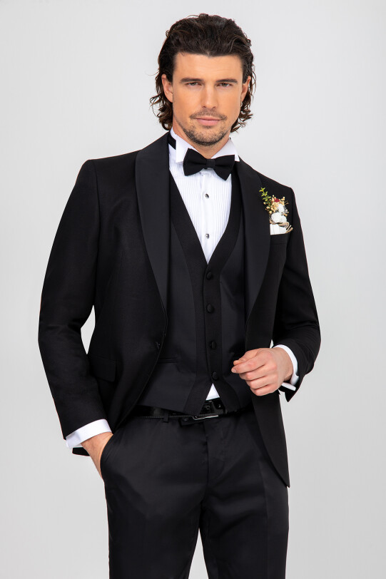 Erkek Siyah Yelekli Çıkma Şal Yaka Damatlık