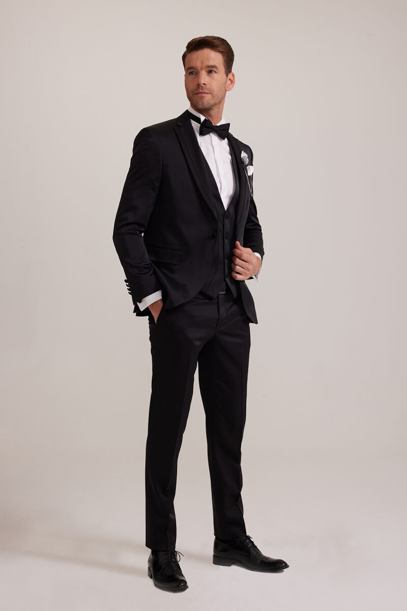 Erkek Siyah Yelekli Kırlangıç Yaka Slim Fit Damatlık - 2