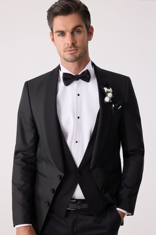 Erkek Siyah Yelekli Şal Yaka Slim Fit Damatlık