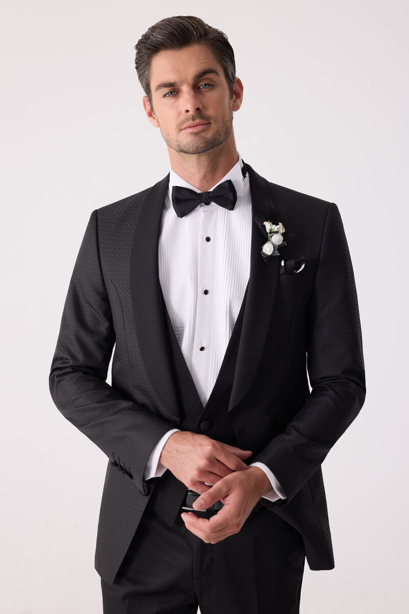 Erkek Siyah Yelekli Şal Yaka Slim Fit Damatlık - 2