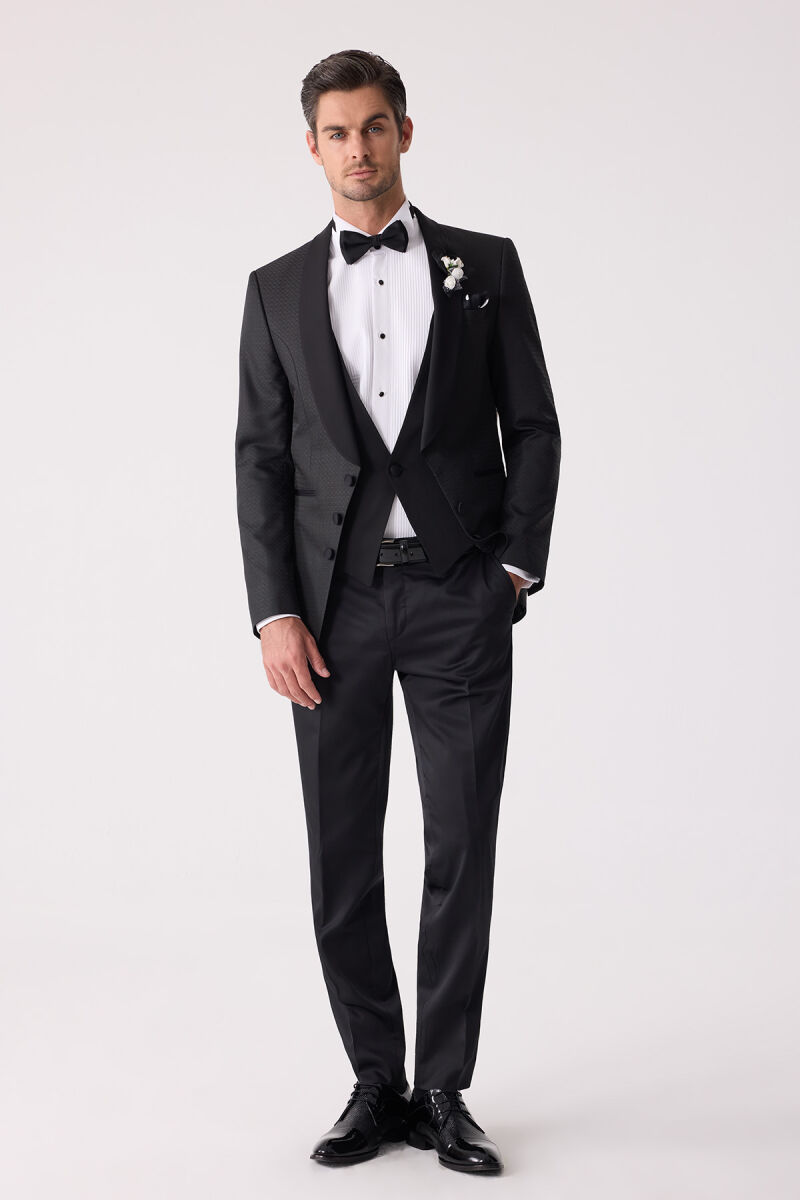 Erkek Siyah Yelekli Şal Yaka Slim Fit Damatlık - 3