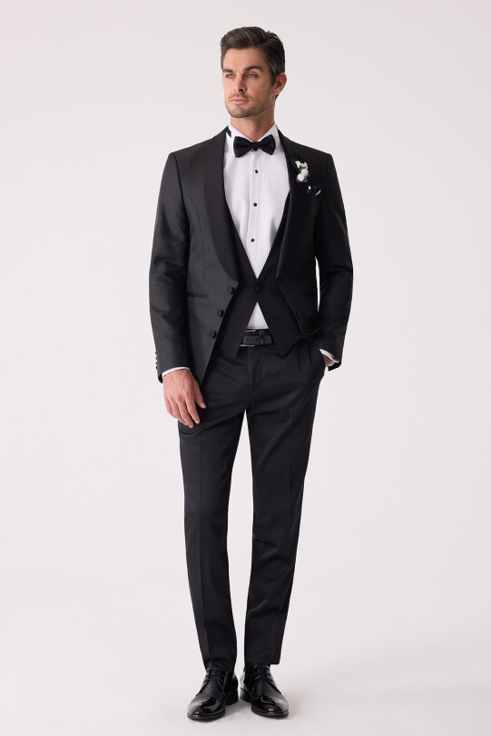 Erkek Siyah Yelekli Şal Yaka Slim Fit Damatlık