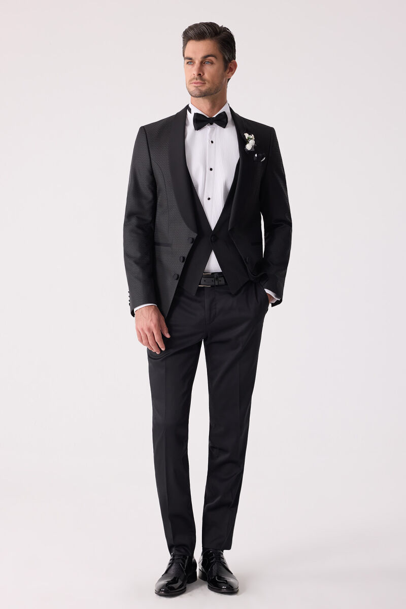 Erkek Siyah Yelekli Şal Yaka Slim Fit Damatlık - 4
