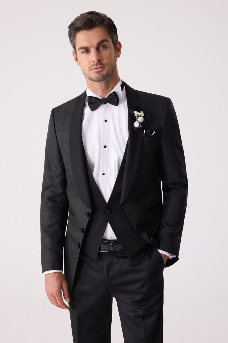 Erkek Siyah Yelekli Şal Yaka Slim Fit Damatlık - 5