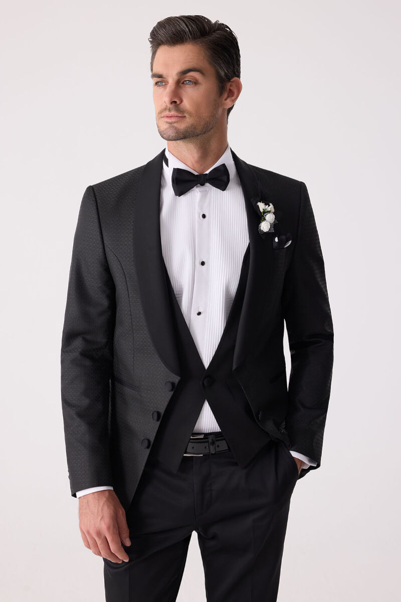 Erkek Siyah Yelekli Şal Yaka Slim Fit Damatlık - 6