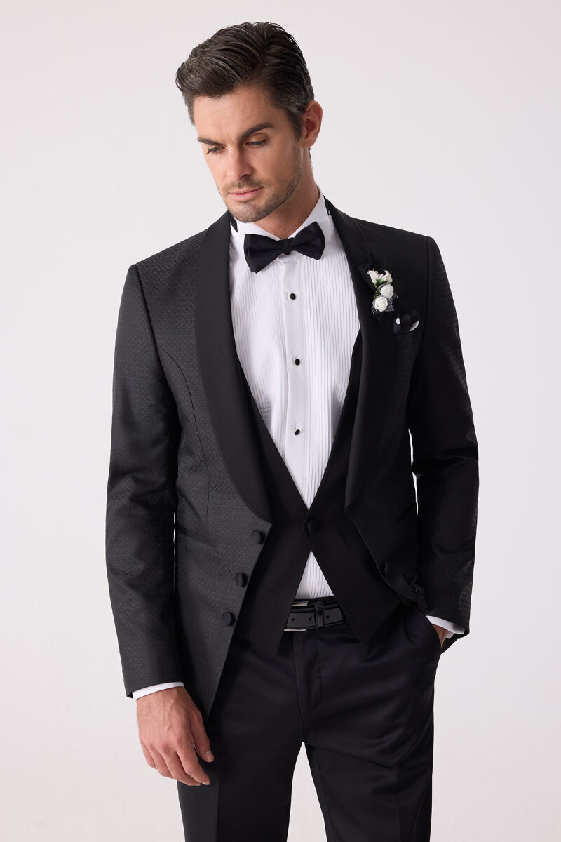 Erkek Siyah Yelekli Şal Yaka Slim Fit Damatlık - 7