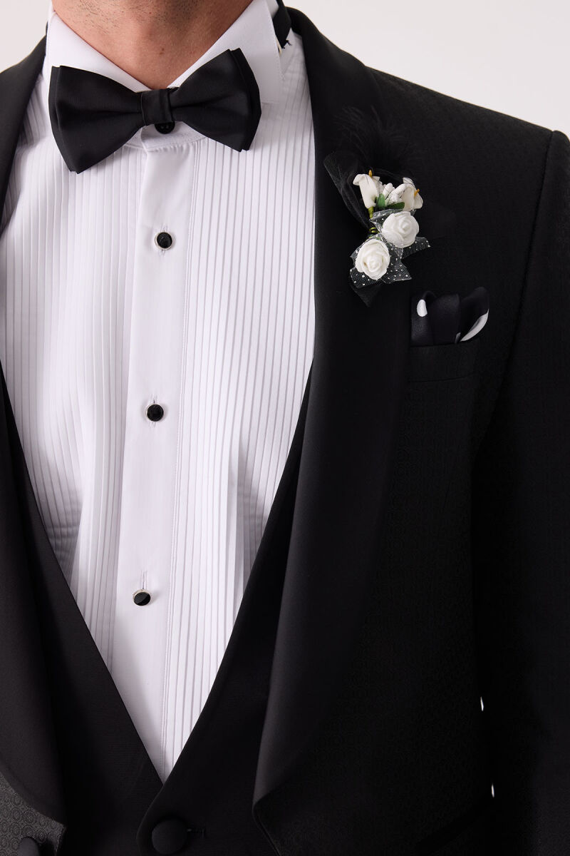 Erkek Siyah Yelekli Şal Yaka Slim Fit Damatlık - 8