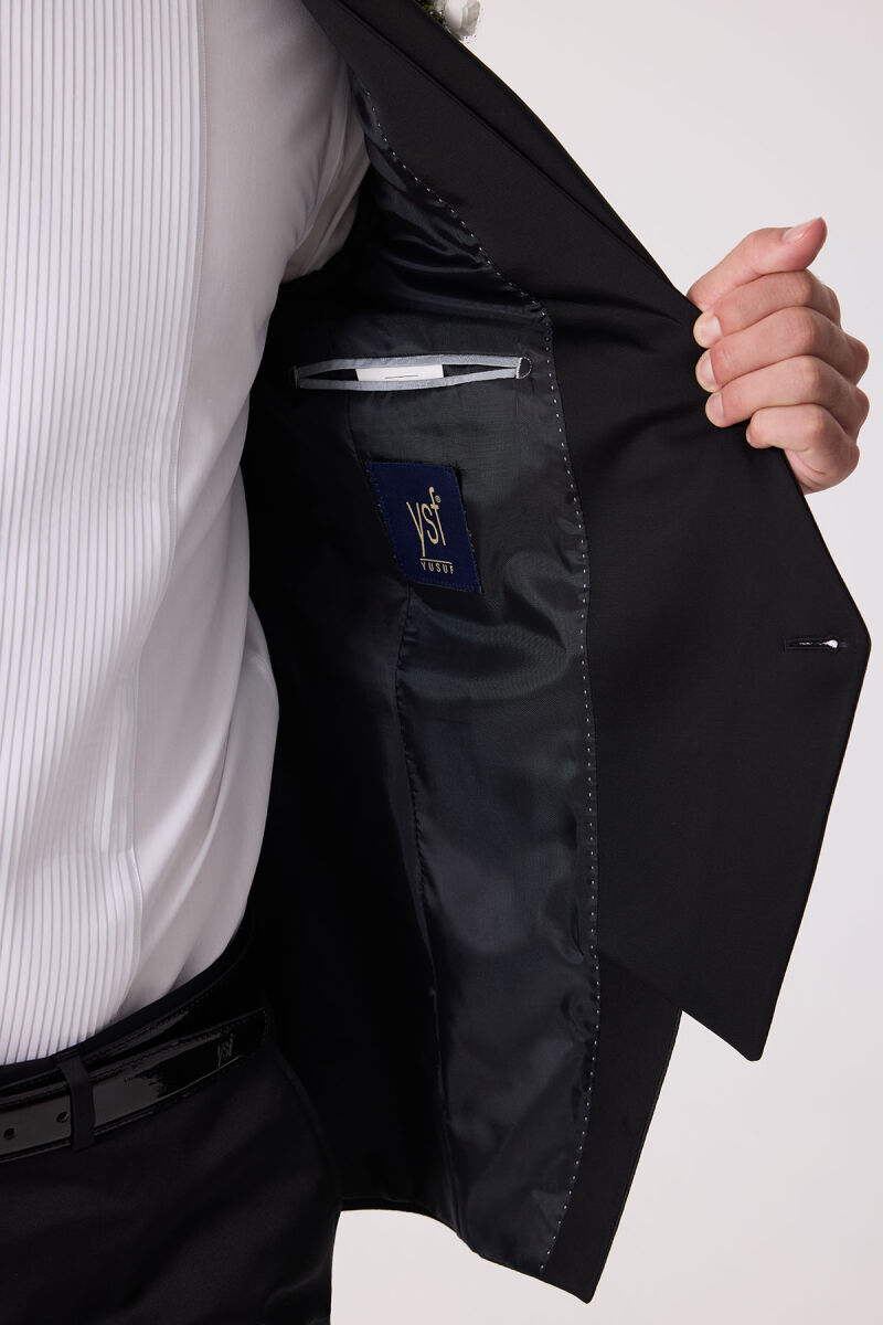 Erkek Siyah Yelekli Şal Yaka Slim Fit Damatlık - 9