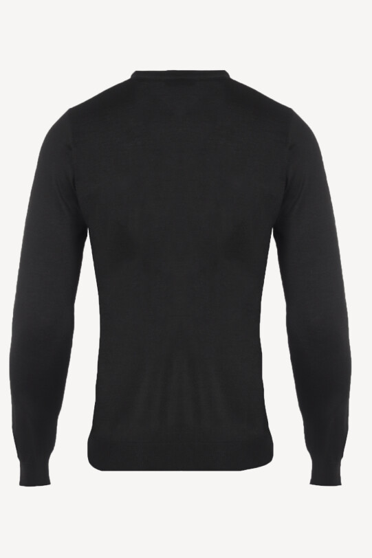 Erkek Siyah Yünlü Klasik V Yaka Desenli Triko
