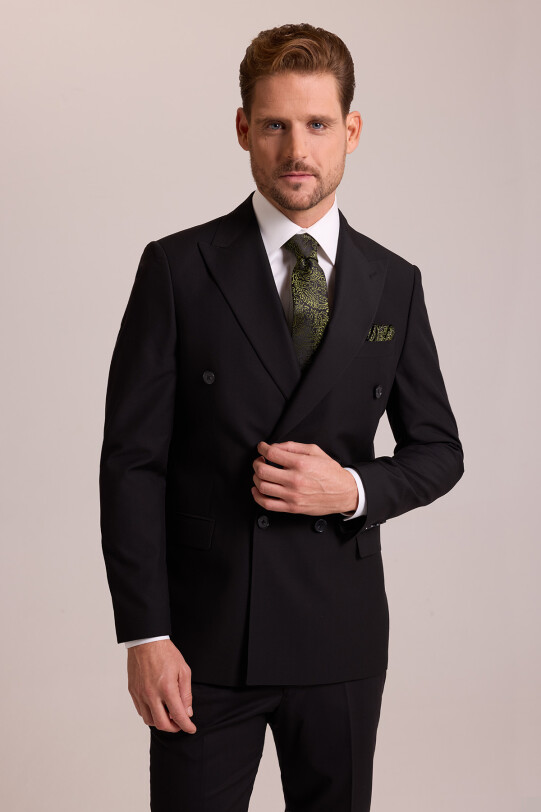 Erkek Siyah Yünlü Kruvaze Yaka Regular Fit Takım Elbise