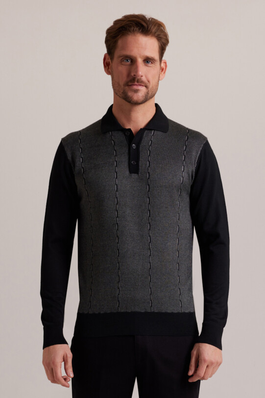 Erkek Siyah Yünlü Polo Yaka Klasik Desenli