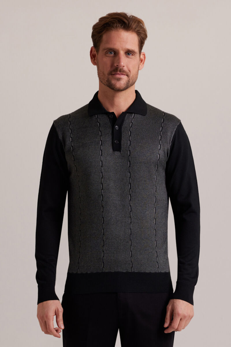 Erkek Siyah Yünlü Polo Yaka Klasik Desenli - 1