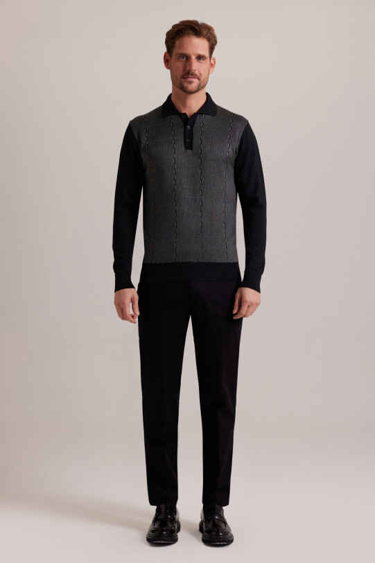 Erkek Siyah Yünlü Polo Yaka Klasik Desenli