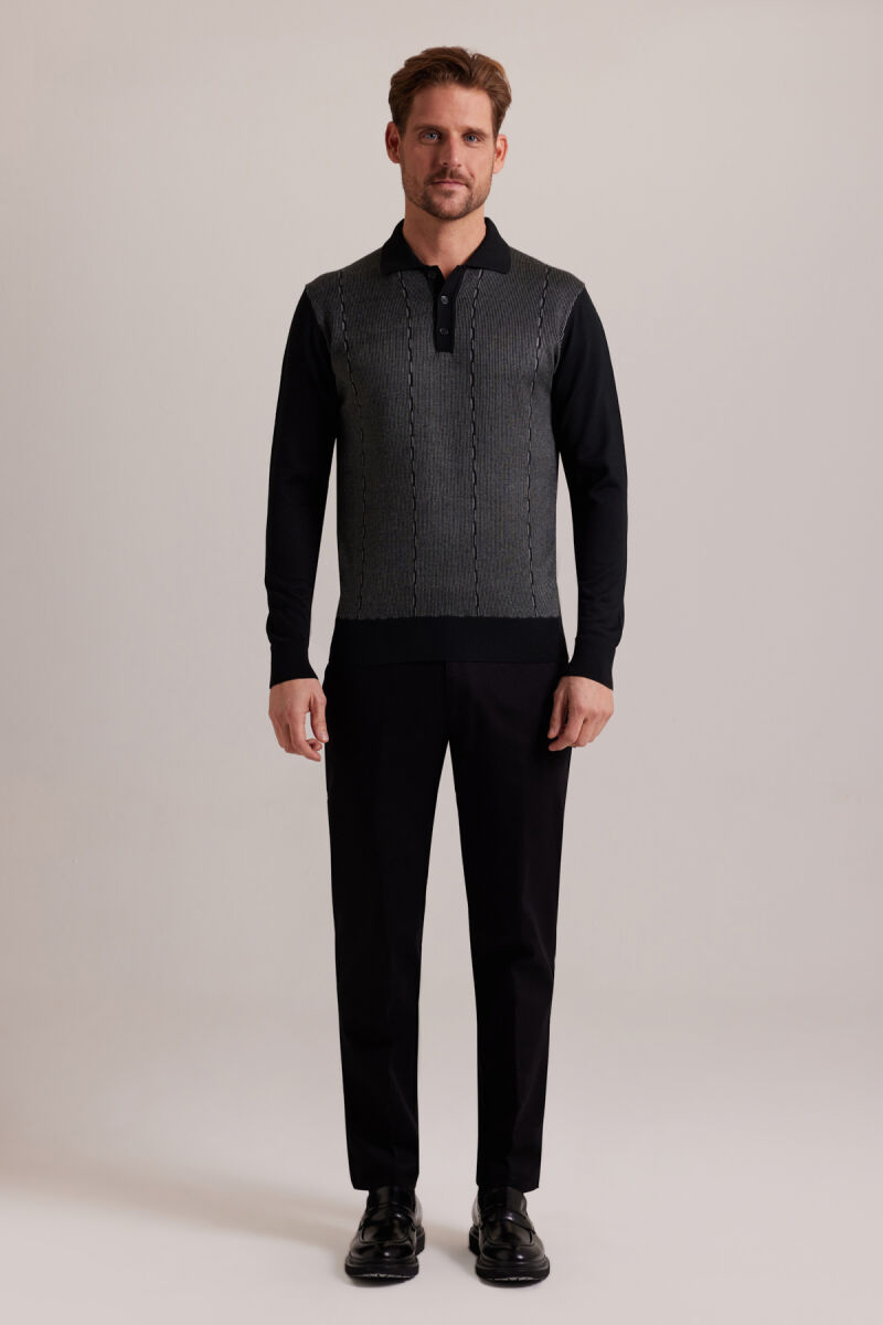 Erkek Siyah Yünlü Polo Yaka Klasik Desenli - 3