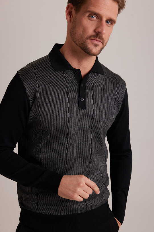 Erkek Siyah Yünlü Polo Yaka Klasik Desenli