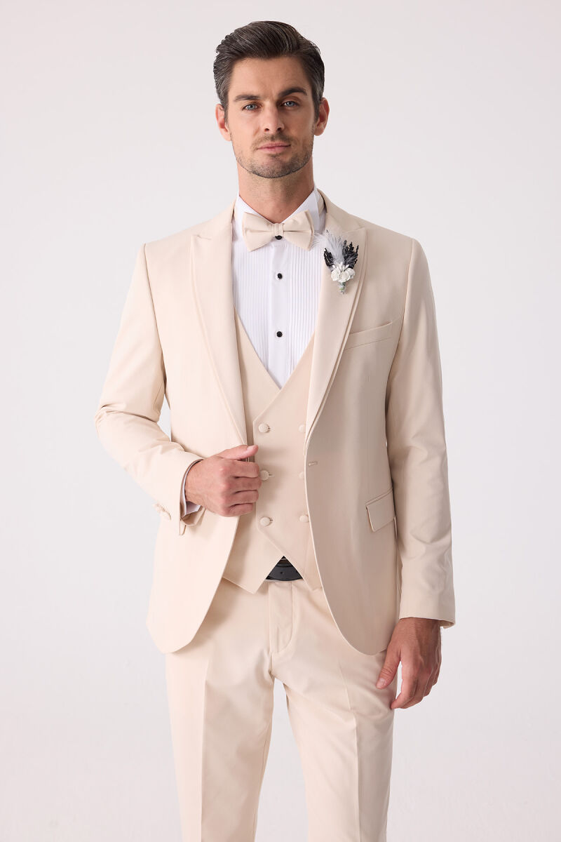 Erkek Slim Fit Sivri Yaka Yelekli Damatlık - 1