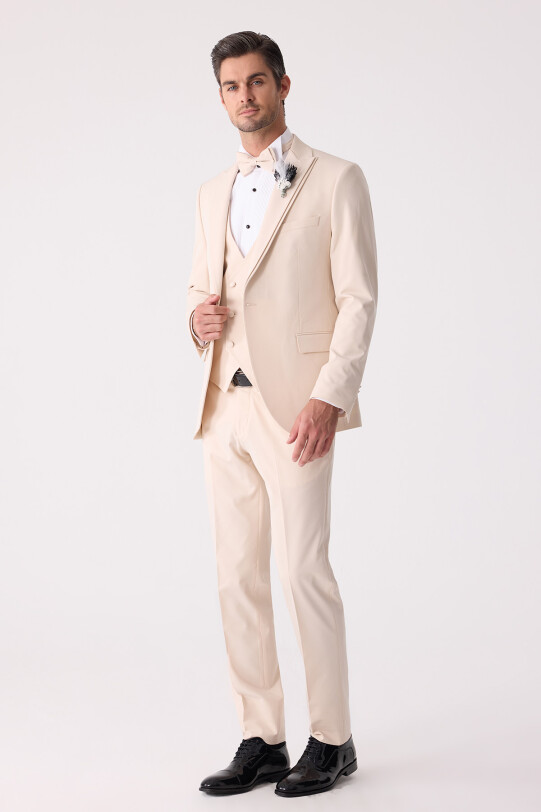 Erkek Slim Fit Sivri Yaka Yelekli Damatlık