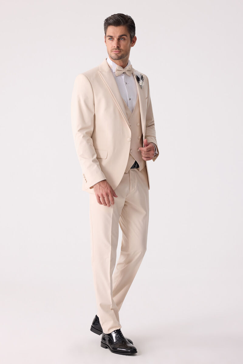 Erkek Slim Fit Sivri Yaka Yelekli Damatlık - 5