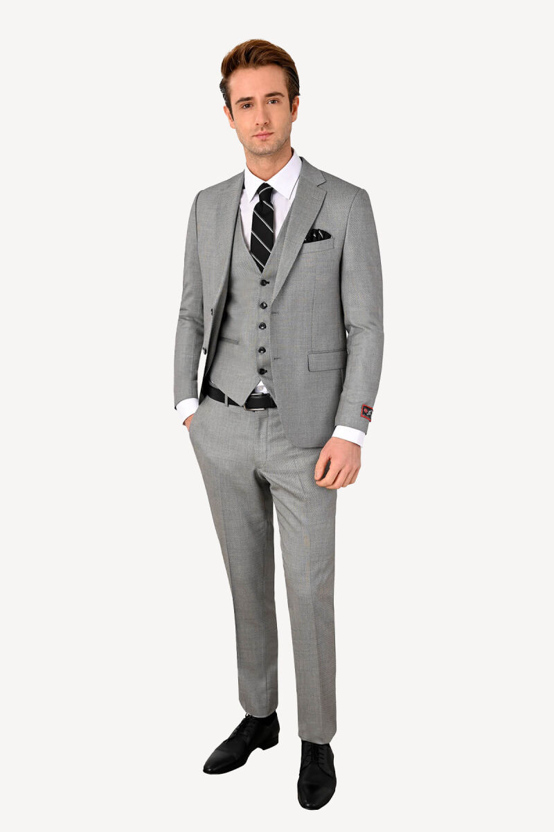 Erkek Slim Fit Yelekli Desenli Takım Elbise - 1