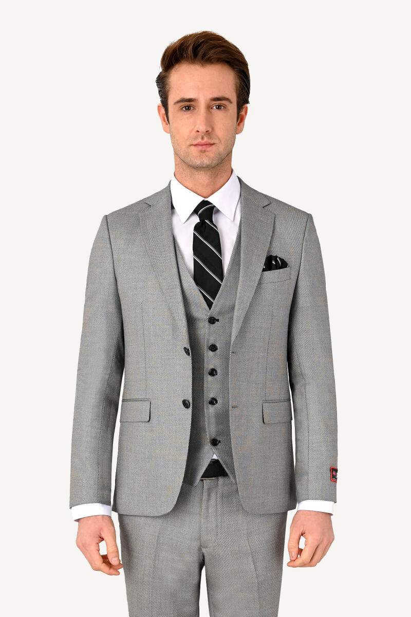 Erkek Slim Fit Yelekli Desenli Takım Elbise - 2