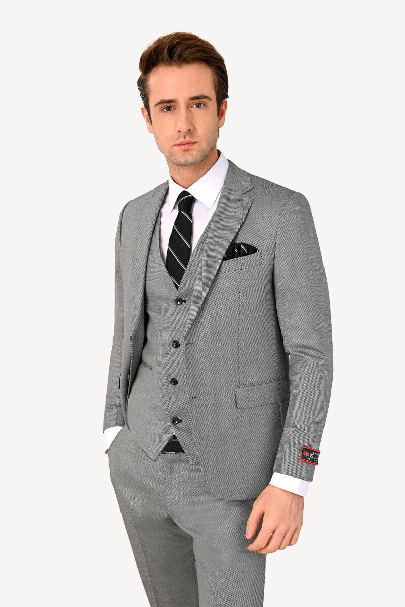 Erkek Slim Fit Yelekli Desenli Takım Elbise - 3