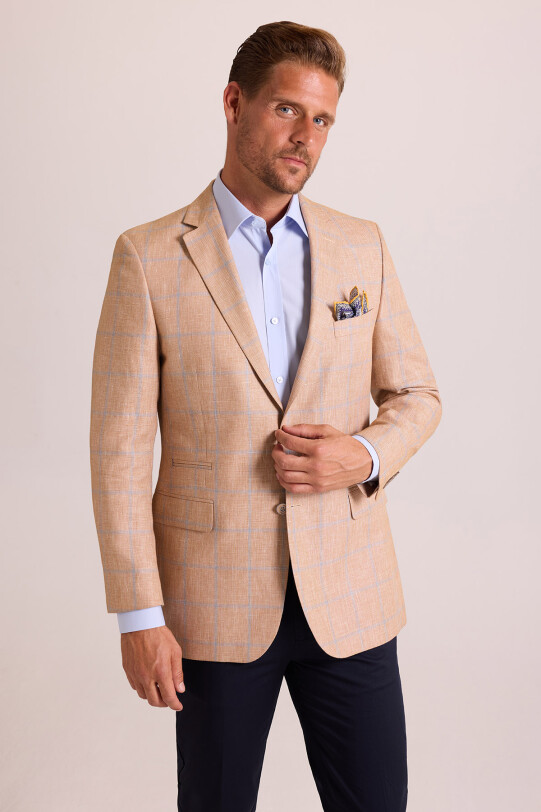 Erkek Somon Ekose Keten Klasik Spor Ceket