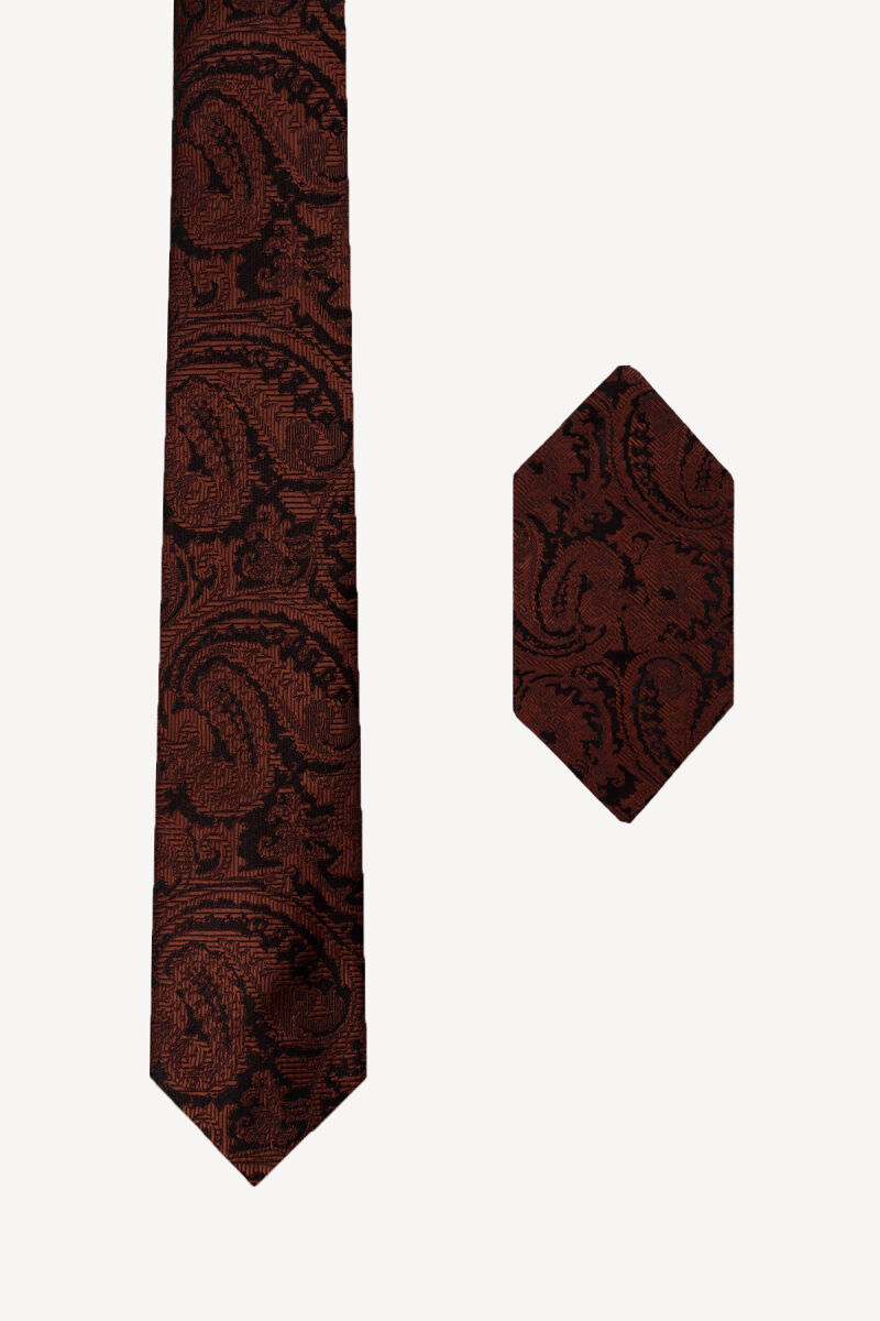 Erkek Kahverengi Desenli Kravat Mendil Set - 1