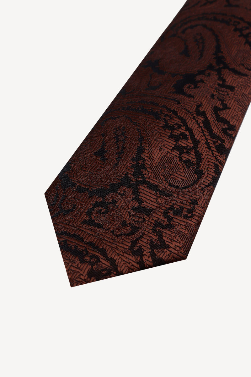 Erkek Kahverengi Desenli Kravat Mendil Set - 2