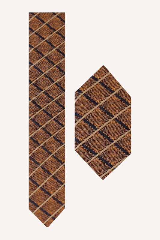 Erkek Taba Kahve Desenli Kravat Mendilli Set - YSF