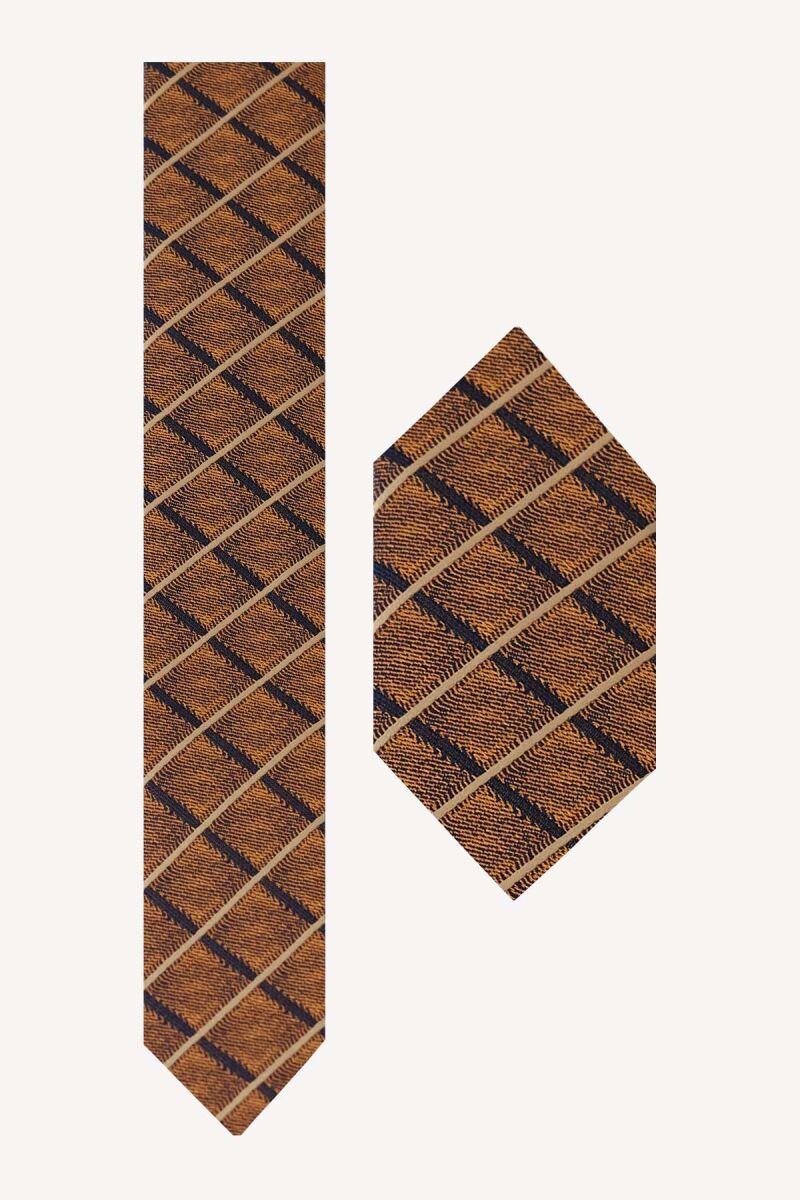 Erkek Taba Kahve Desenli Kravat Mendilli Set - 1