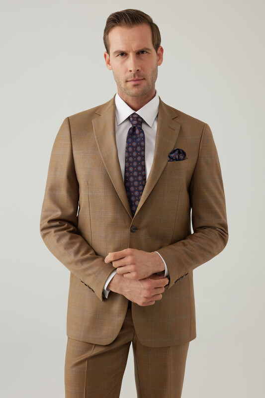 Erkek Taba Regular Fit Mono Yaka Kareli Takım Elbise