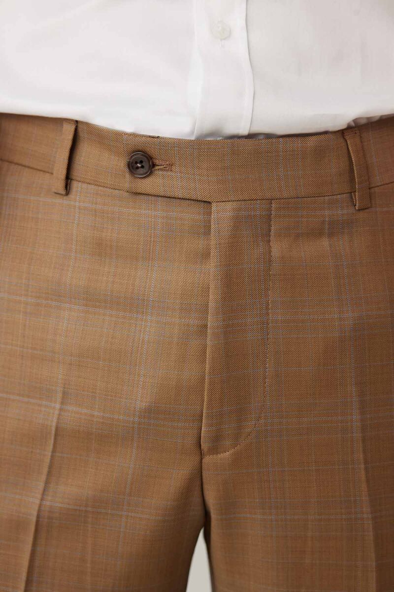 Erkek Taba Regular Fit Mono Yaka Kareli Takım Elbise - 10