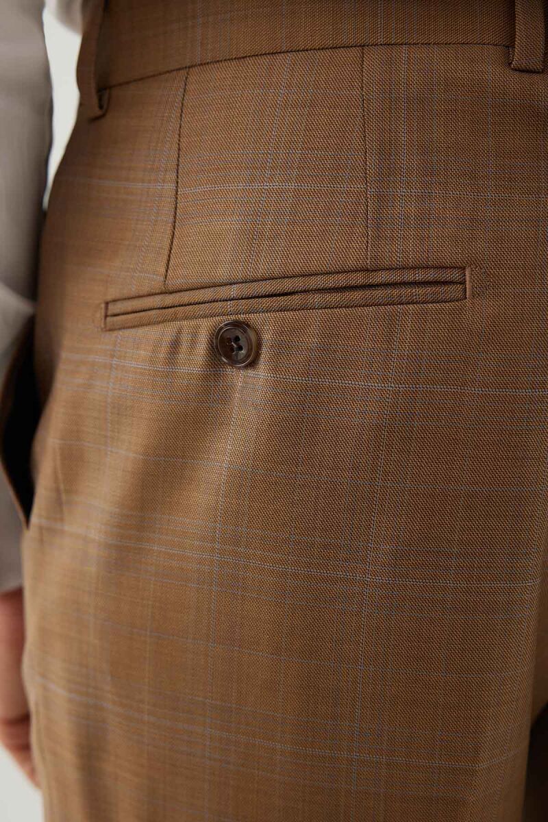 Erkek Taba Regular Fit Mono Yaka Kareli Takım Elbise - 11