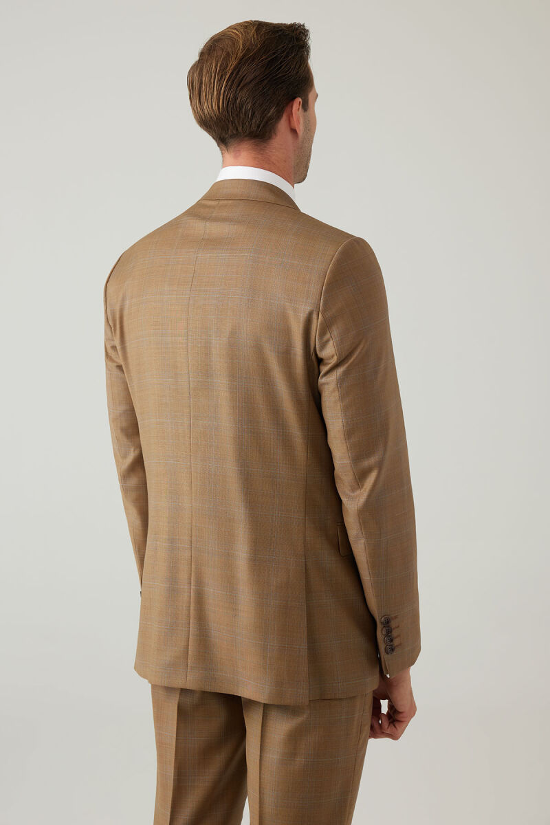 Erkek Taba Regular Fit Mono Yaka Kareli Takım Elbise - 12