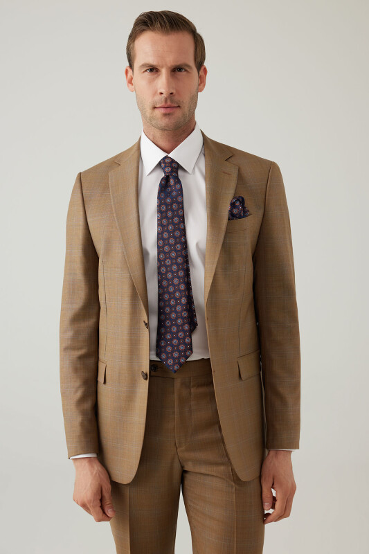 Erkek Taba Regular Fit Mono Yaka Kareli Takım Elbise