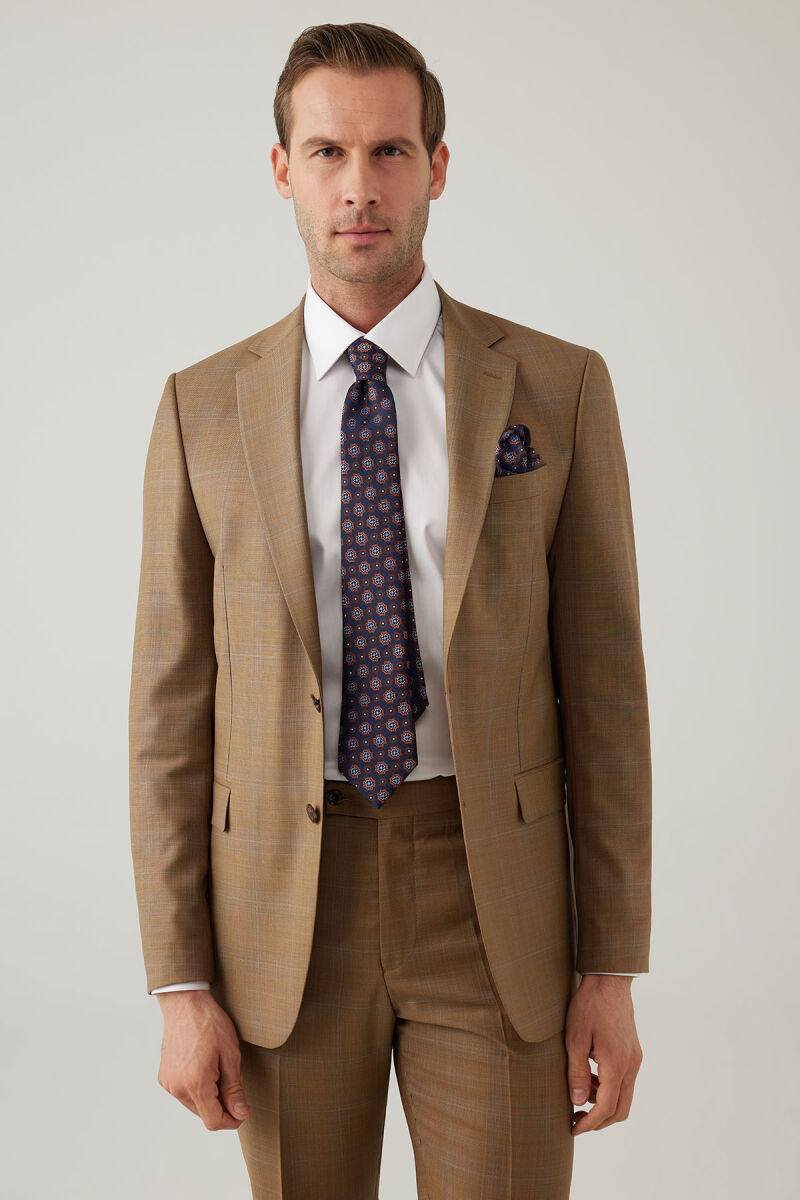 Erkek Taba Regular Fit Mono Yaka Kareli Takım Elbise - 2