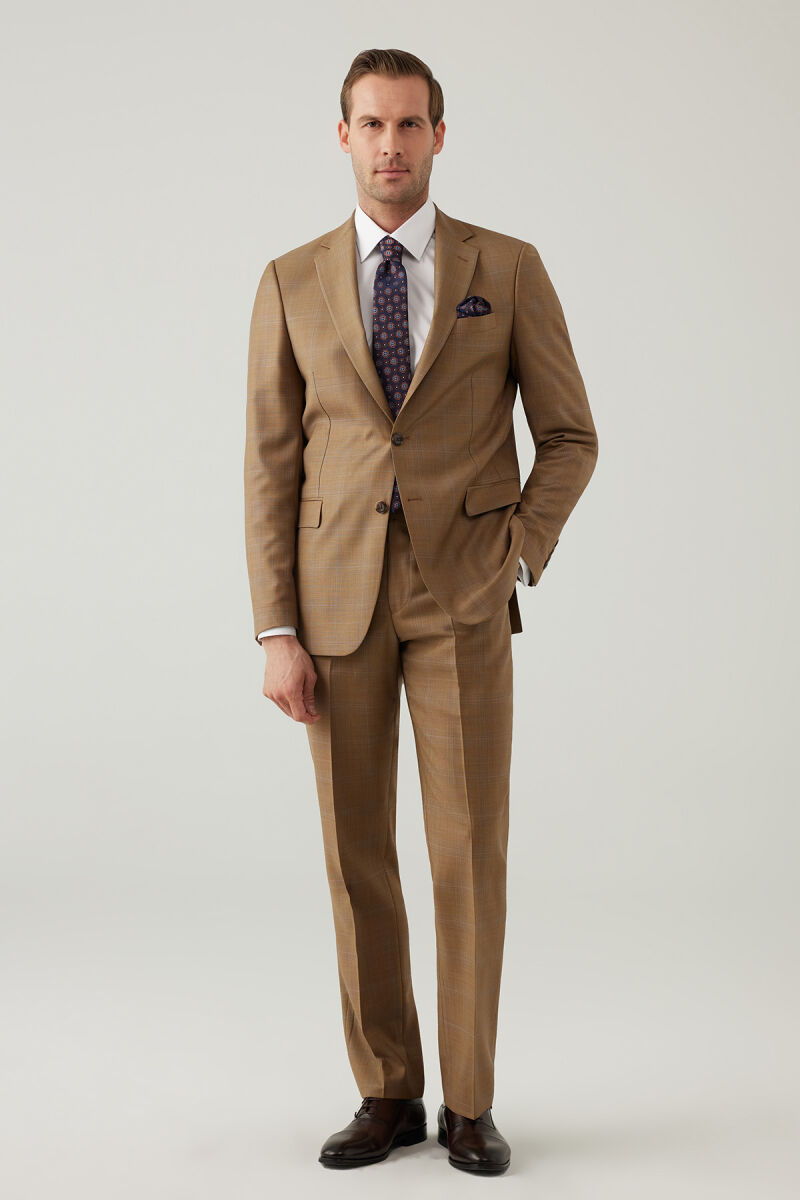 Erkek Taba Regular Fit Mono Yaka Kareli Takım Elbise - 3