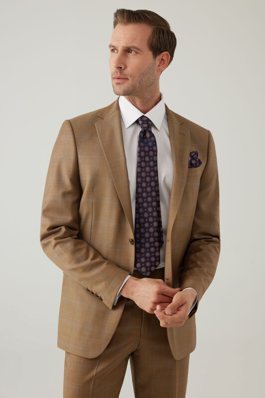 Erkek Taba Regular Fit Mono Yaka Kareli Takım Elbise