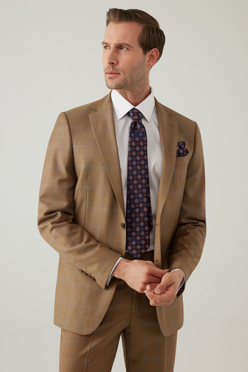 Erkek Taba Regular Fit Mono Yaka Kareli Takım Elbise - 4