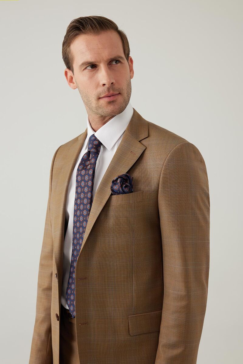 Erkek Taba Regular Fit Mono Yaka Kareli Takım Elbise - 5