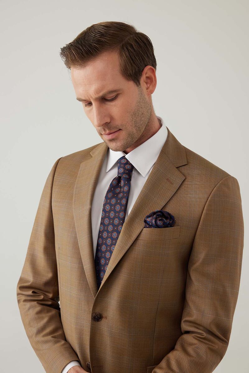 Erkek Taba Regular Fit Mono Yaka Kareli Takım Elbise - 6