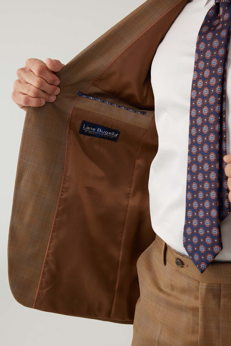 Erkek Taba Regular Fit Mono Yaka Kareli Takım Elbise - 8