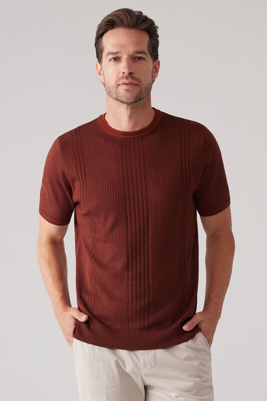 Erkek Taba Slim Fit Bisiklet Yaka Çizgili Desenli Tişört